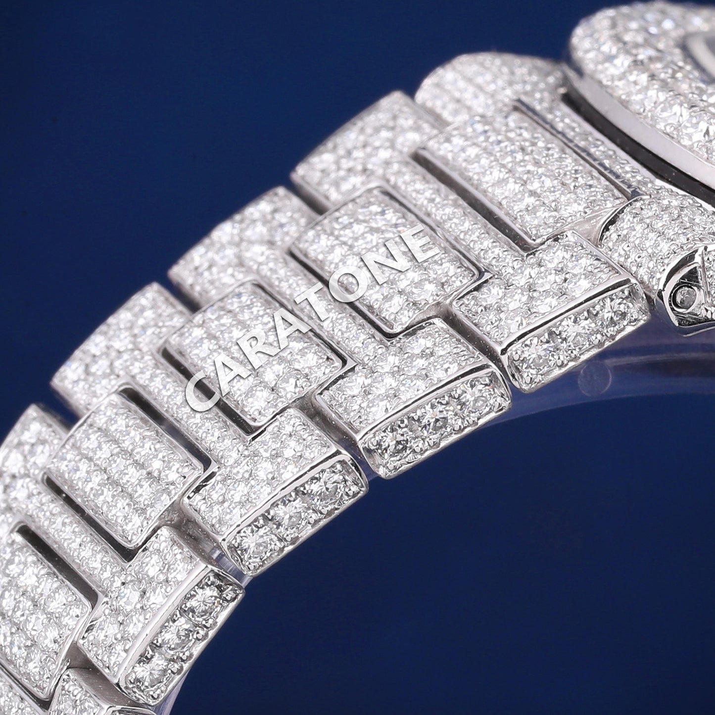 Fully white tone iced out hip hop custom made branded watch with baguette inside the dial
