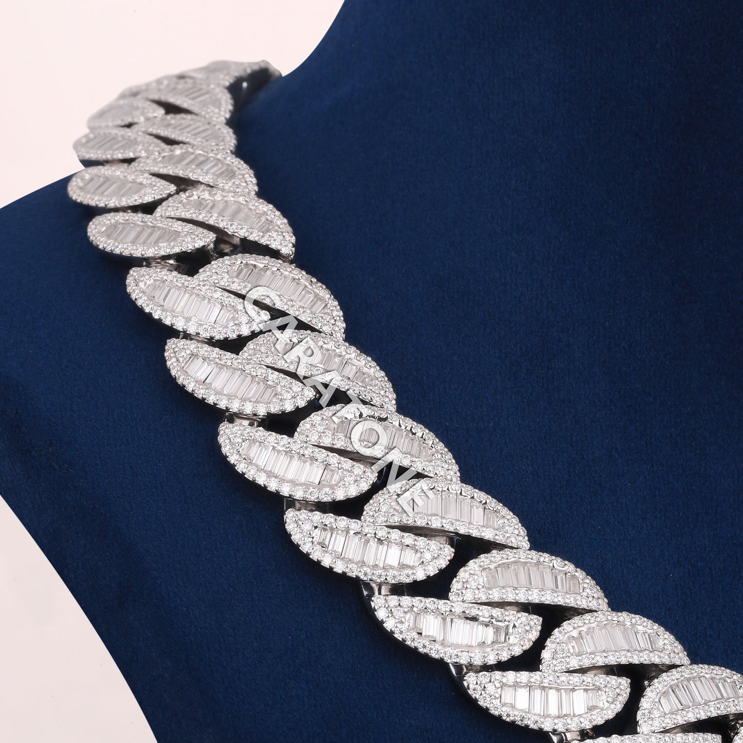 18 inch 20 mm baguette diamond Cuban chain in white gold with fully iced box clasp