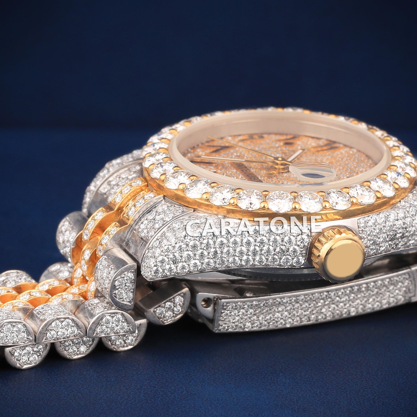 Full iced out Hip hop branded watch in two tone in Arabic numerals with D VVS clarity