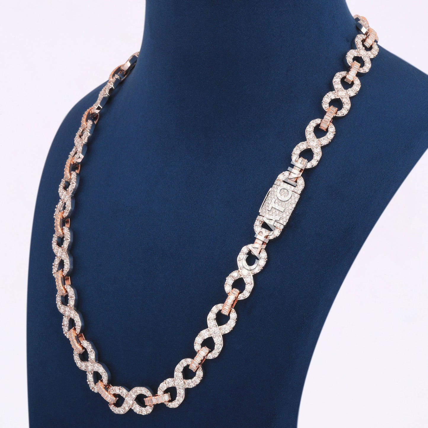 Custom made infinity link necklace baguette and round cut diamond chain