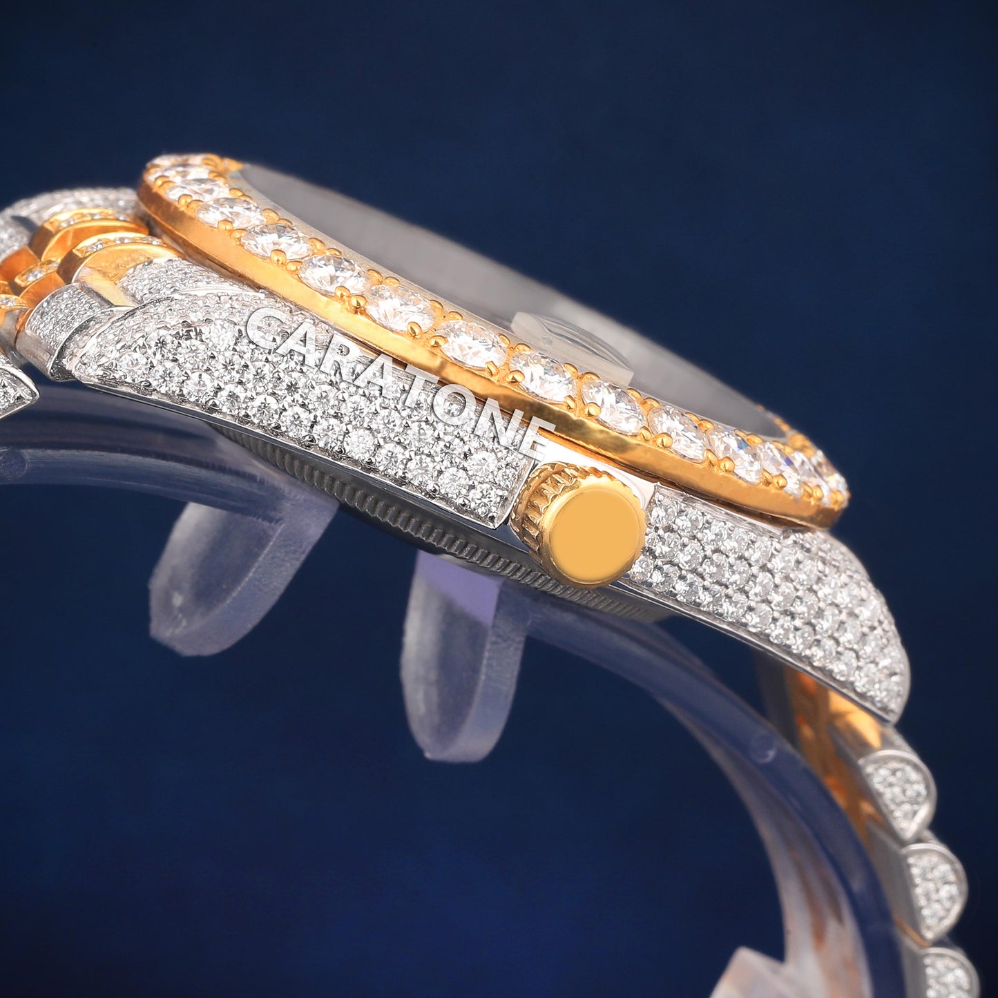 Full iced out Hip hop branded watch in two tone with Arabic numerals and Diamond tester passed