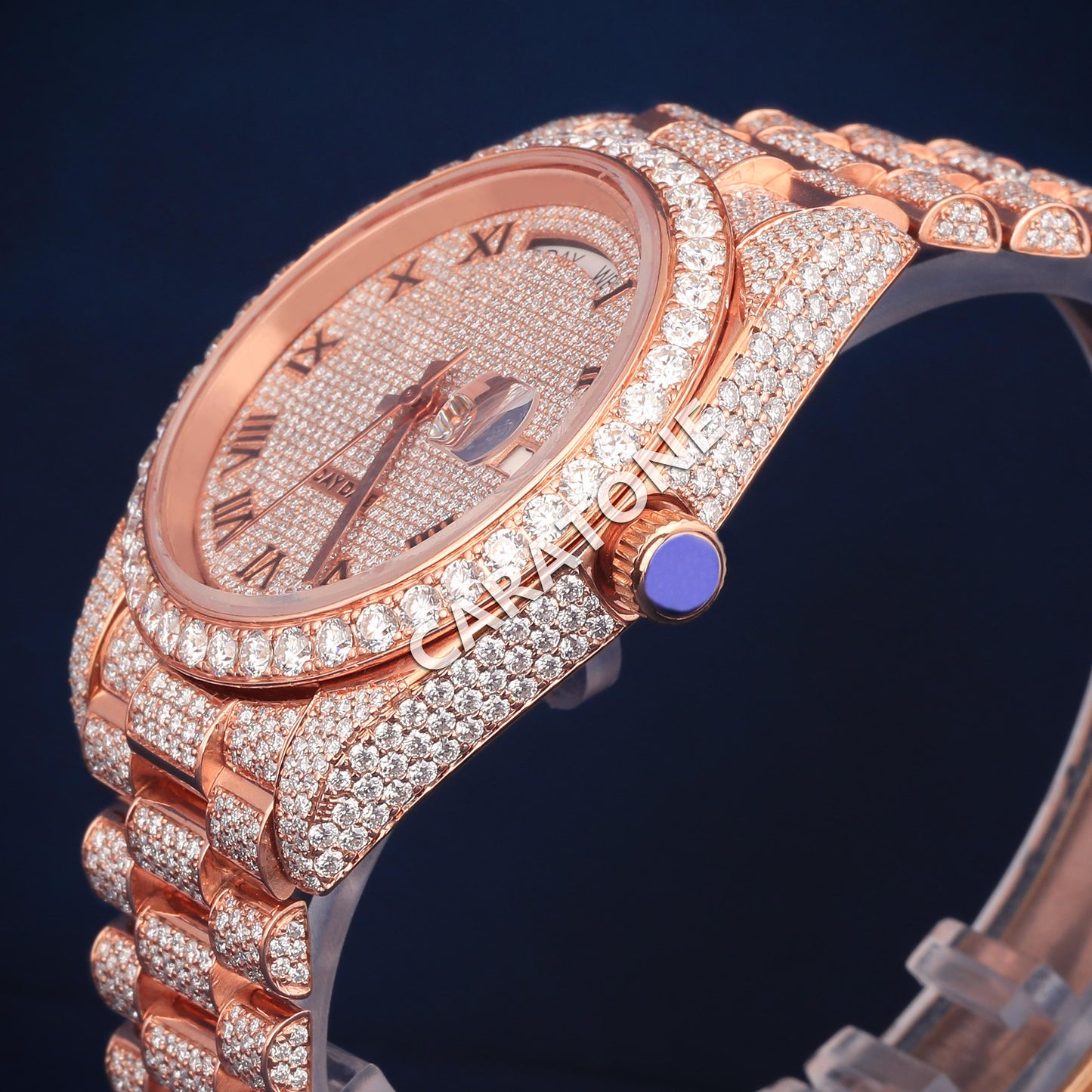 Full Iced out Hip Hop branded watch in Rose gold tone and with diamond tester passed