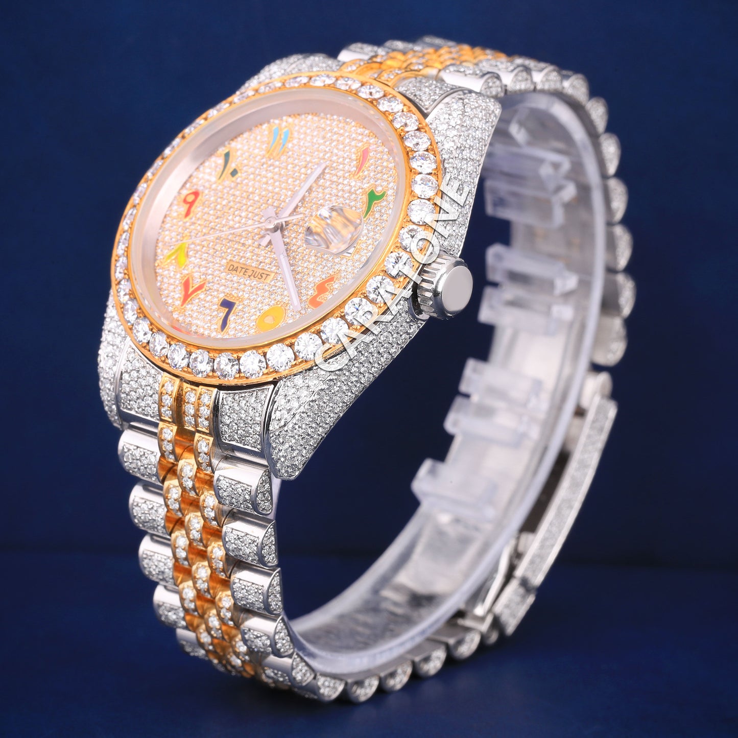 Full iced out hip hop custom made branded watch in two tone with colourful arabic numerals