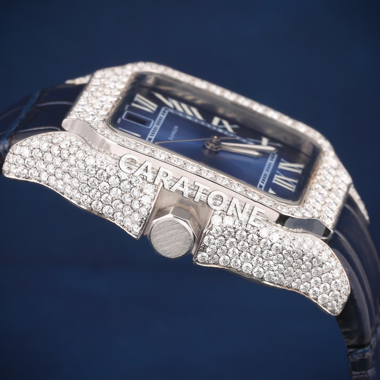 Half iced out without dial Hip hop branded watch with Black leather band