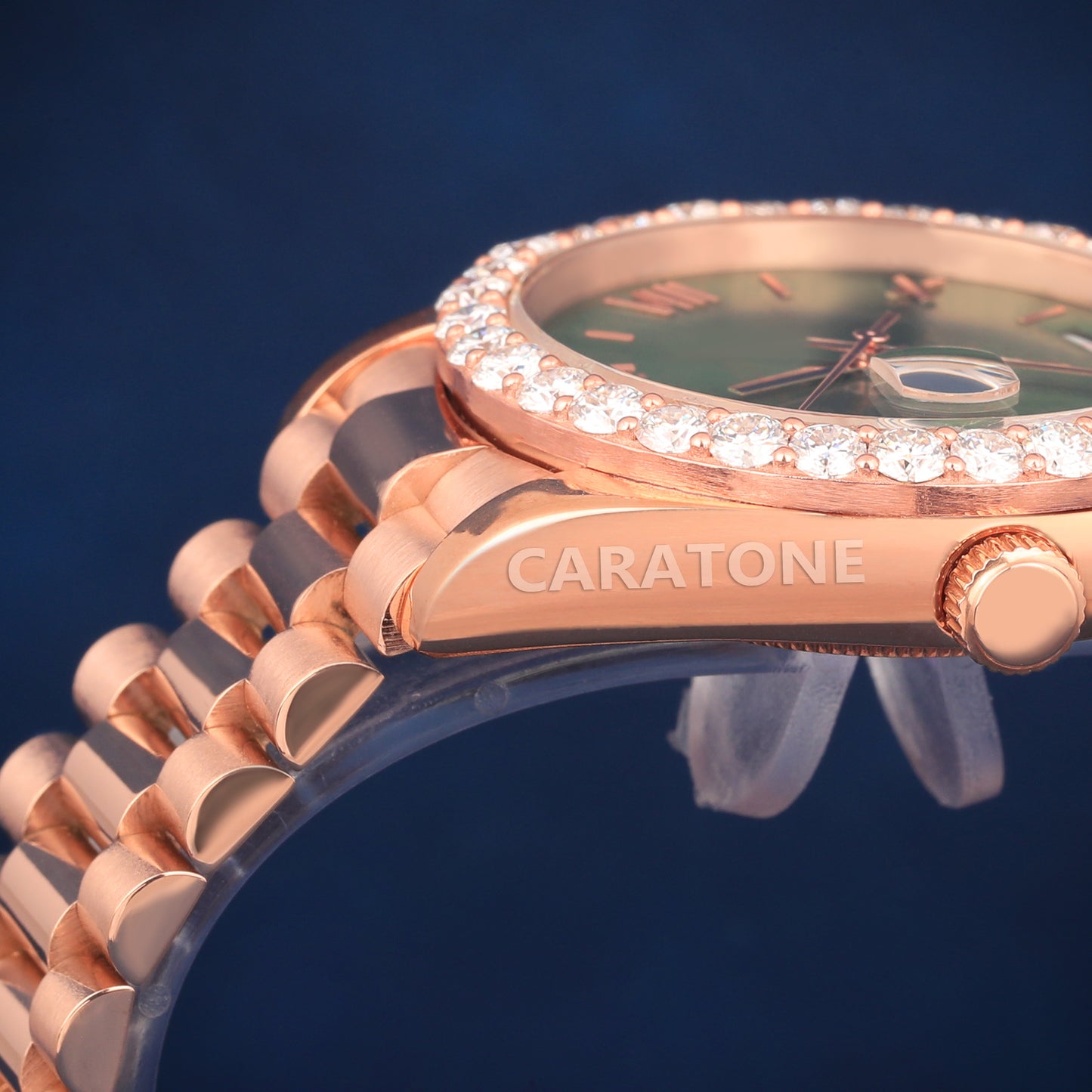 Half iced out without dial Hip hop branded watch in rose gold tone with green dial