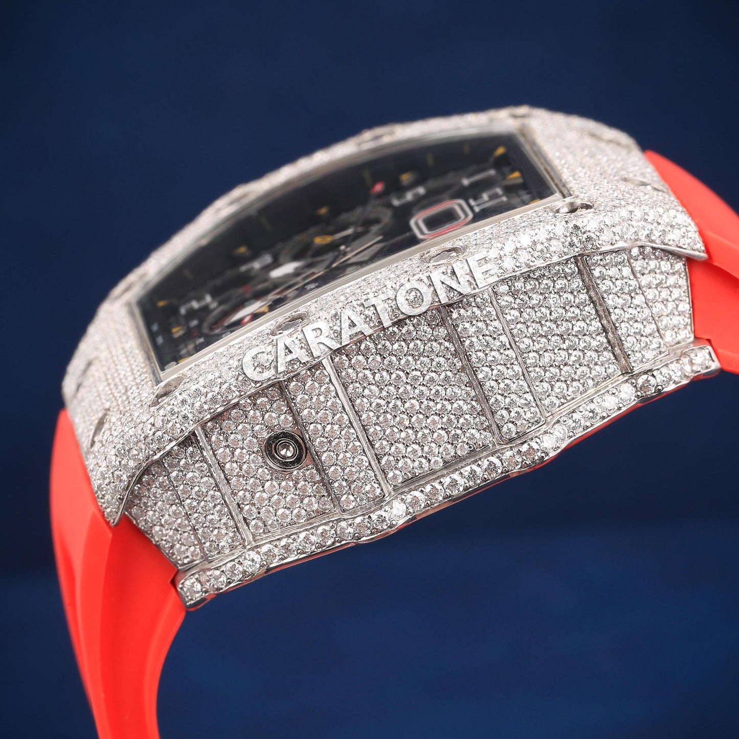 Red band half iced out without dial branded watch with D VVS Clarity