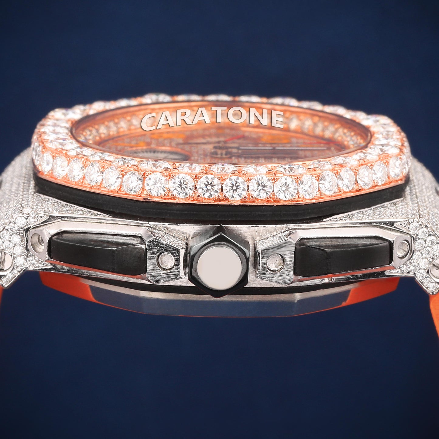 Half iced out dial Hip hop branded watch with orange Band
