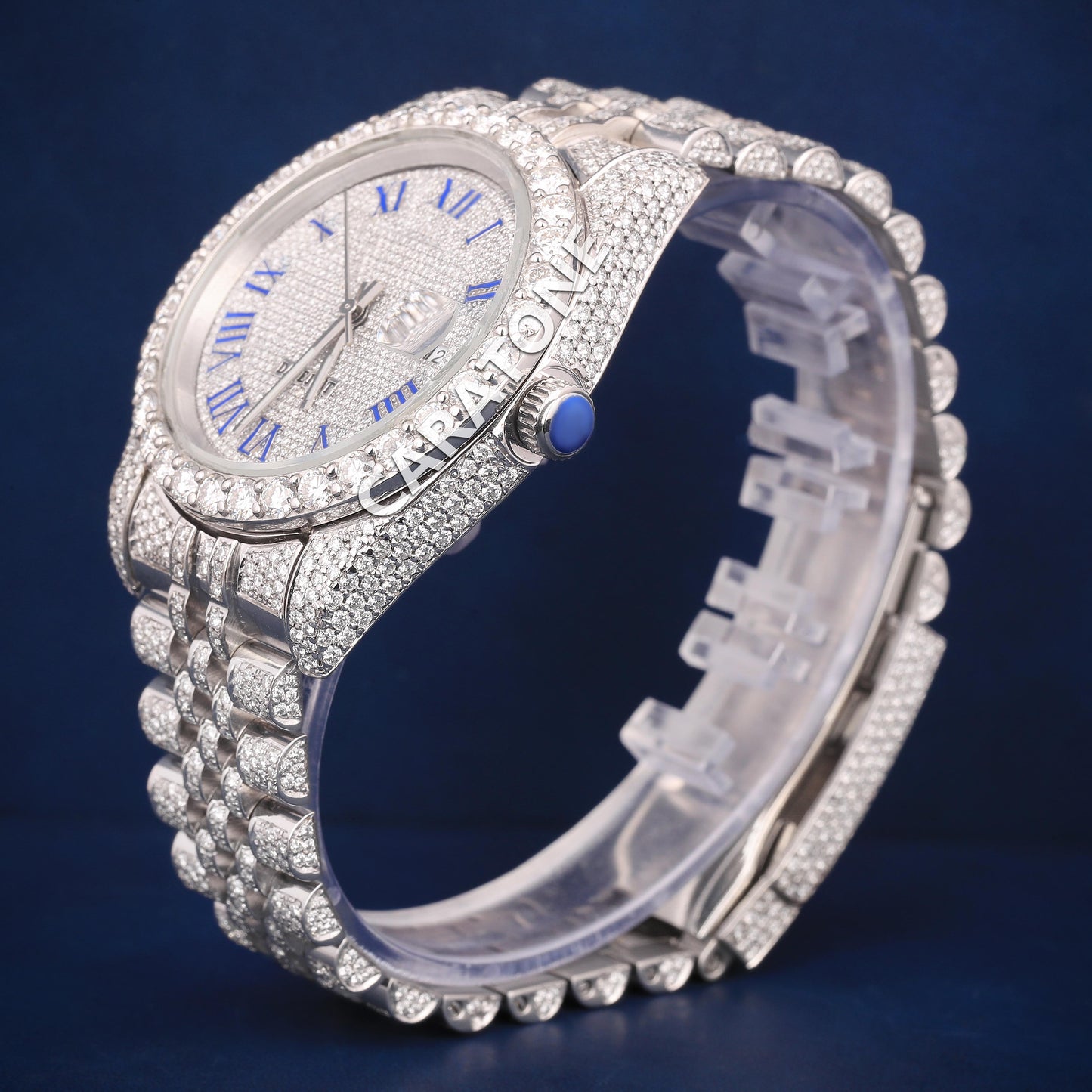 Full iced out Hip hop branded watch with white tone and Blue Roman numerals in it