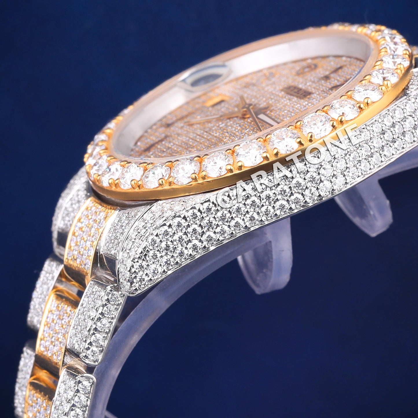 Full iced out hip hop custom made branded watch in two tone with black arabic numerals in it