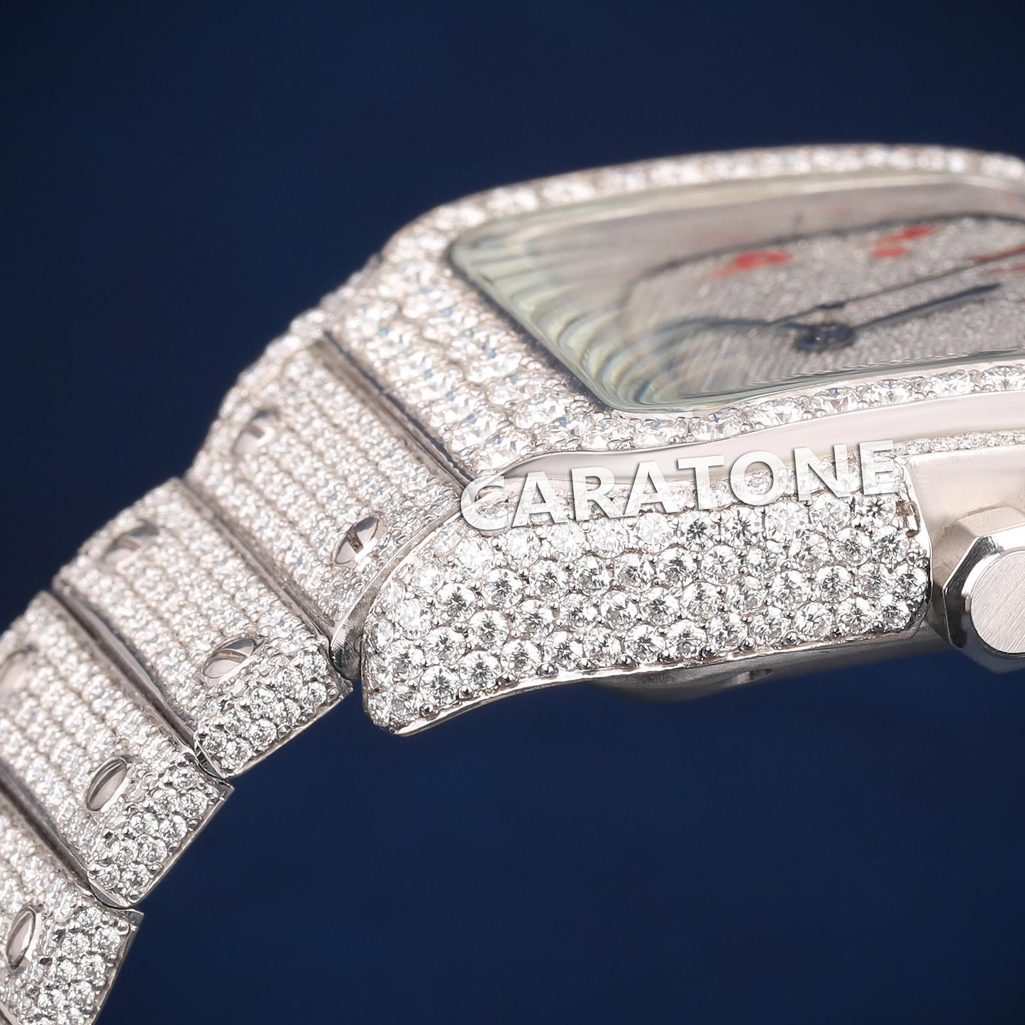 Full iced out Hip hop branded watch with Red Arabic numerals in it with diamond tester passed