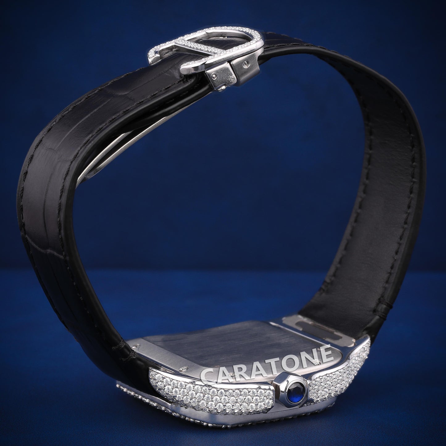 Hip hop custom made black leather strap with half iced out watch