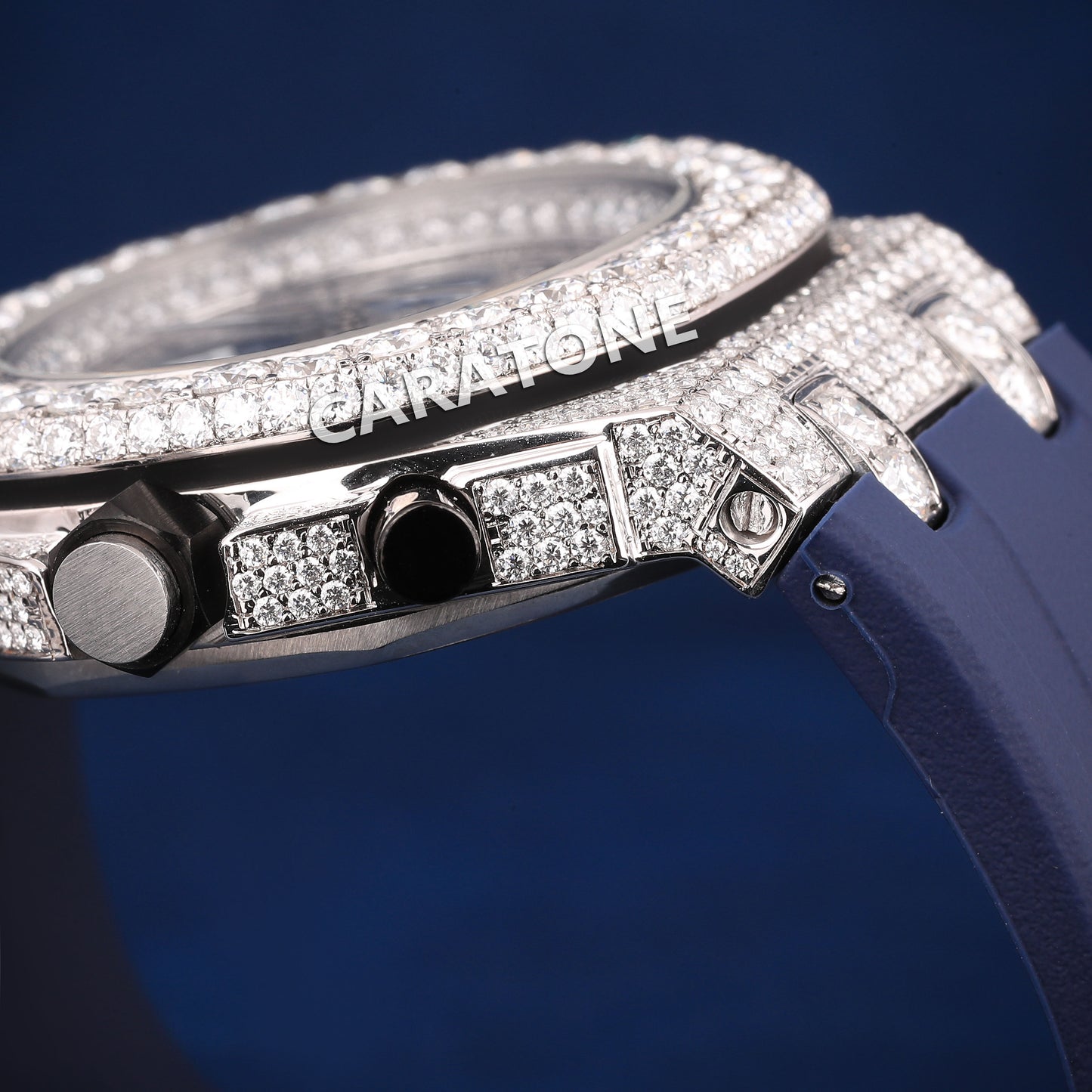 Half iced out Hip hop branded Custom made watch with Blue band and diamond tester passed
