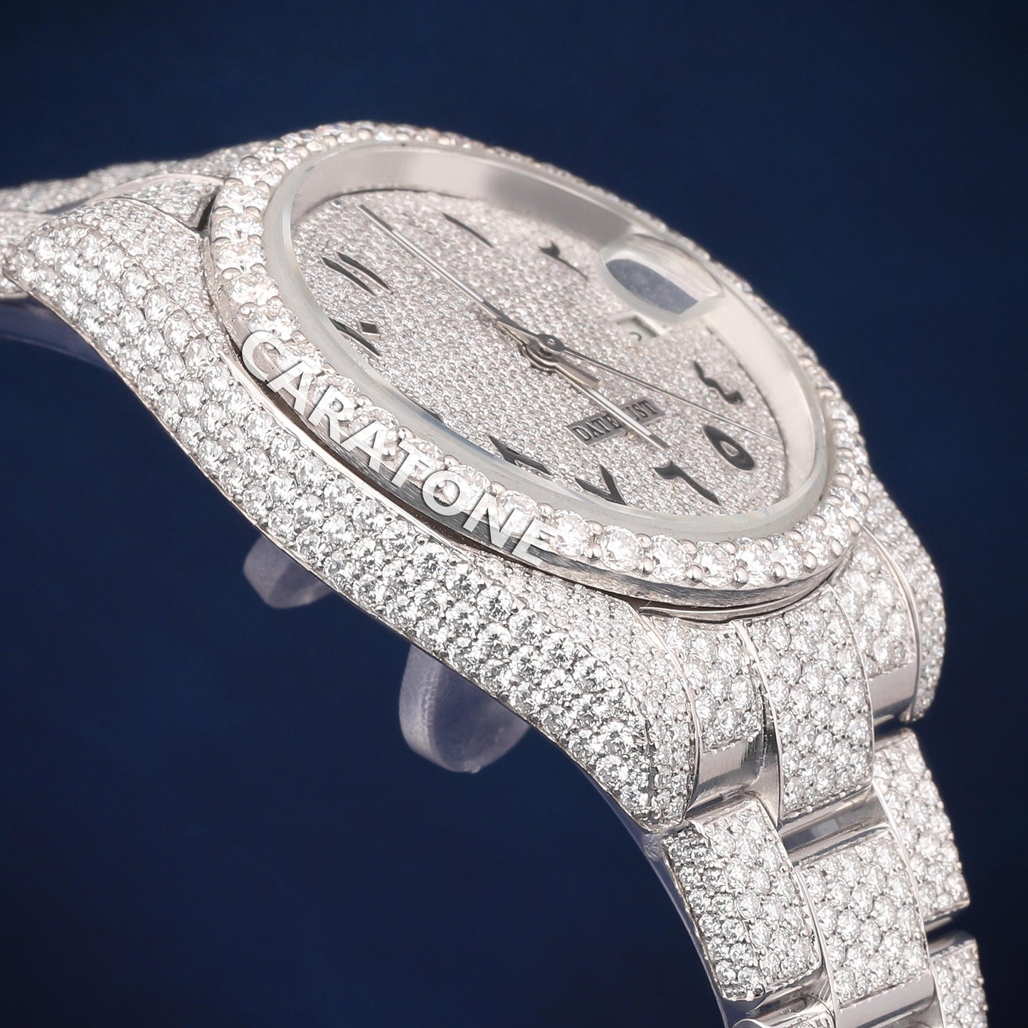 Full iced out Hip hop branded watch in silver tone with Arabic numerals