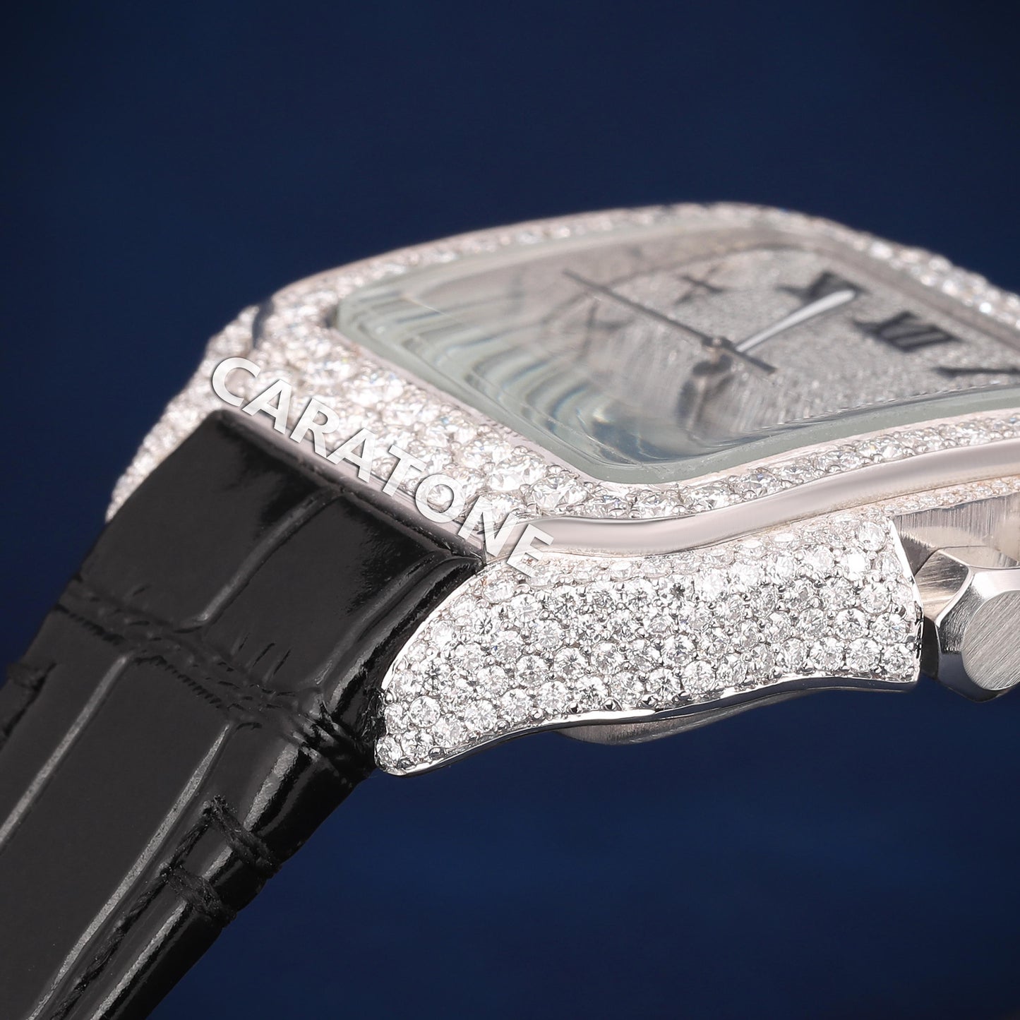 Half iced out with dial Hip hop branded watch with Black leather band and  D VVS clarity