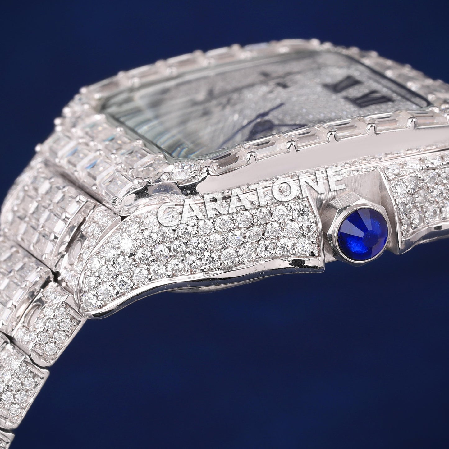 Full iced out hip hop custom made branded watch with round and baguette diamonds in white tone