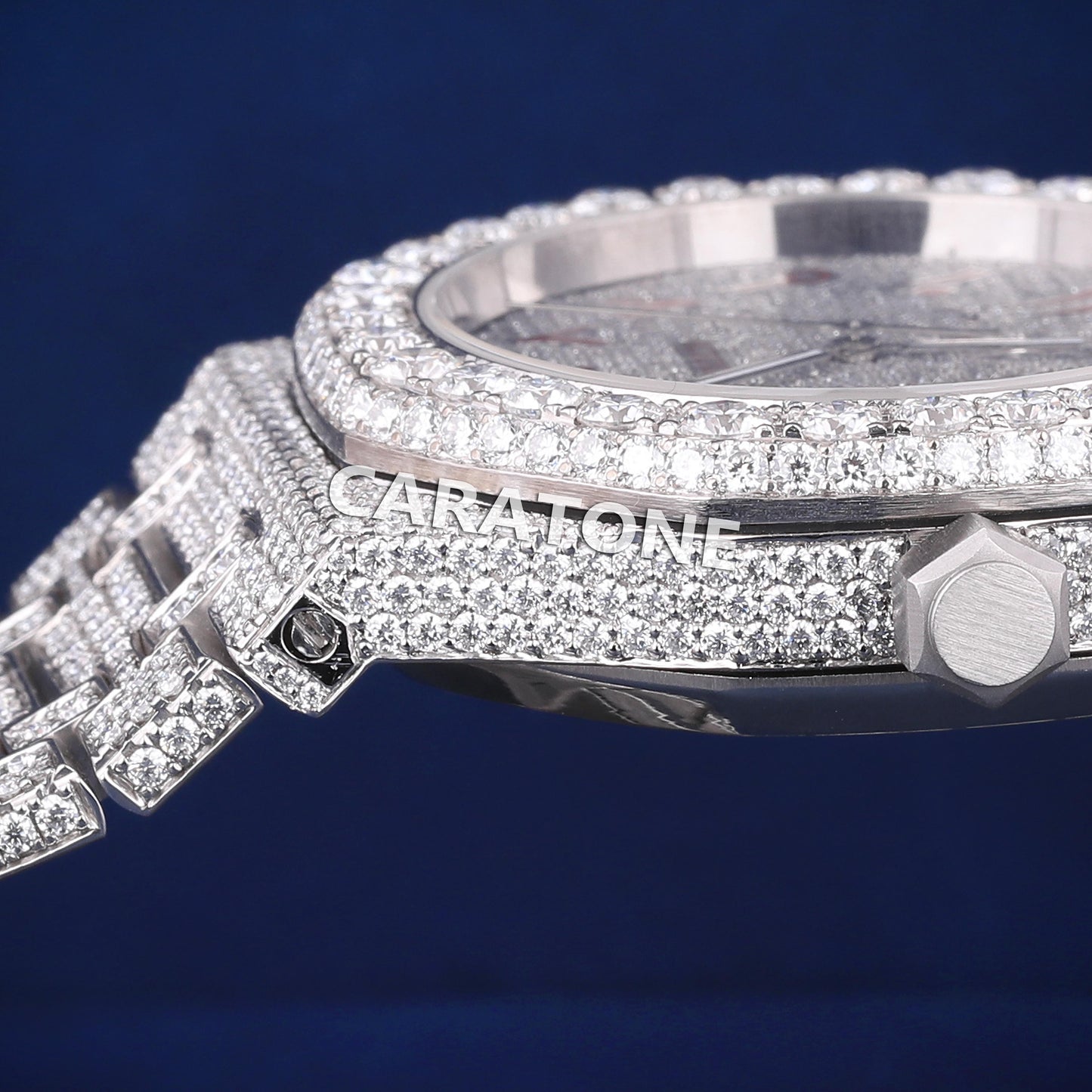 Fully white tone iced out hip hop custom made watch with red arabic numerals in it