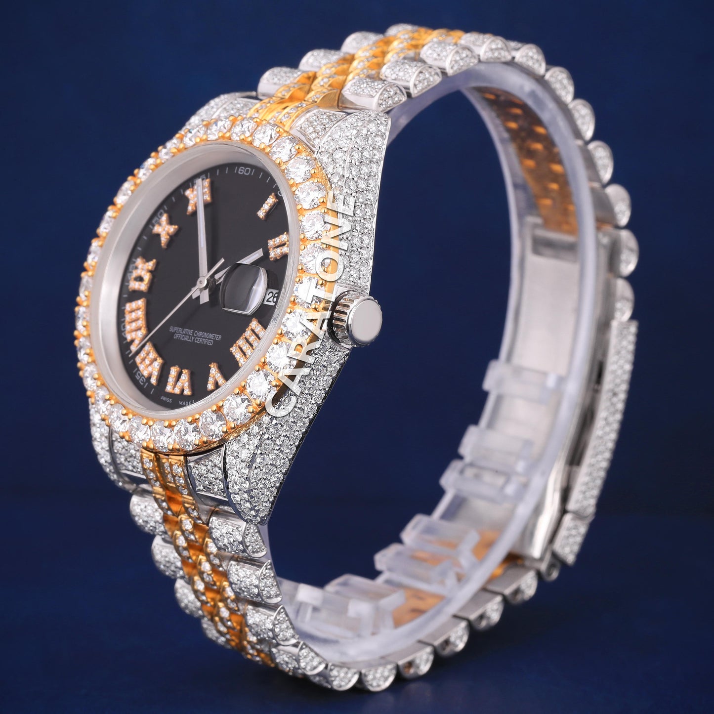 Full iced out without dial hip hop custom made branded watch in two tone with black dial and roman numerals