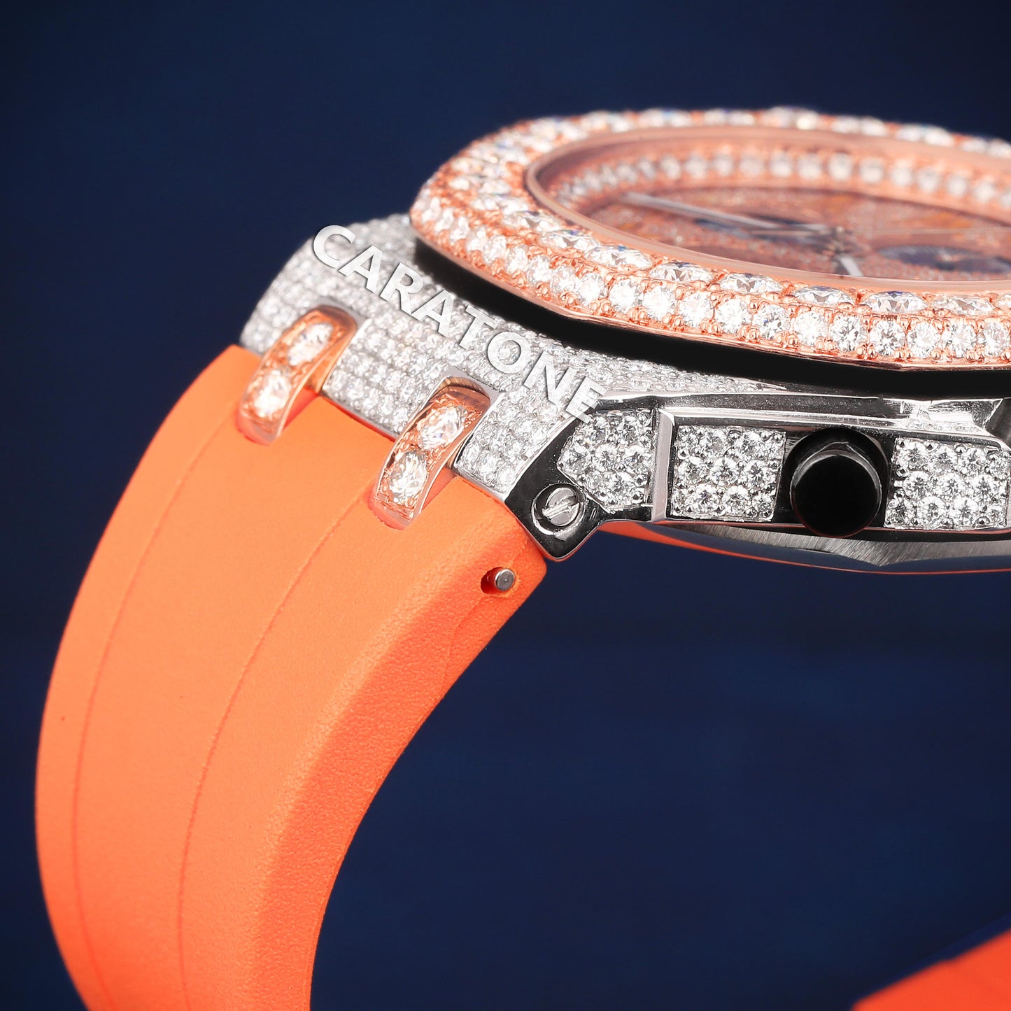 Hip hop half iced out with orange band branded watch with Arabic numerals in it