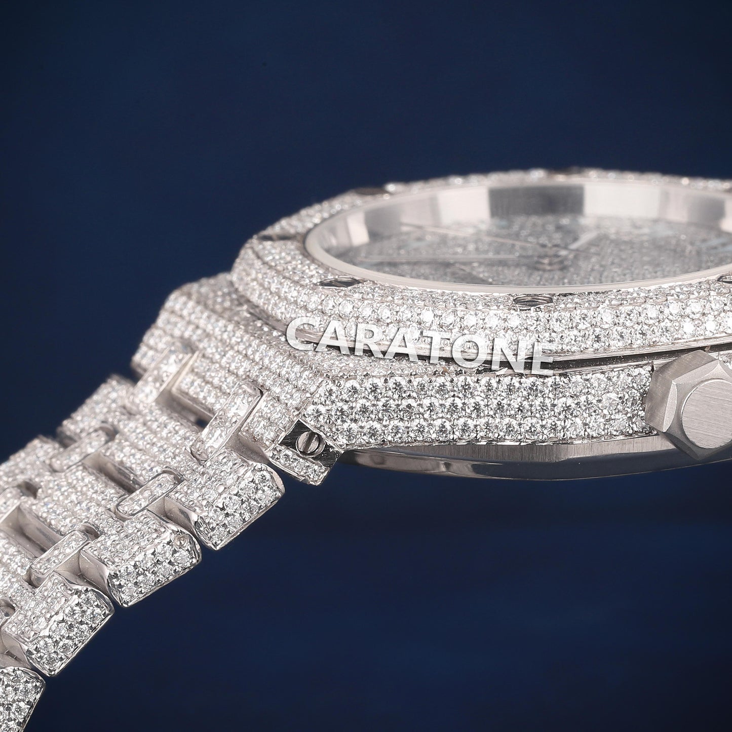 Full iced out Hip hop branded watch in white tone with sky blue Arabic numerals D VVS clarity