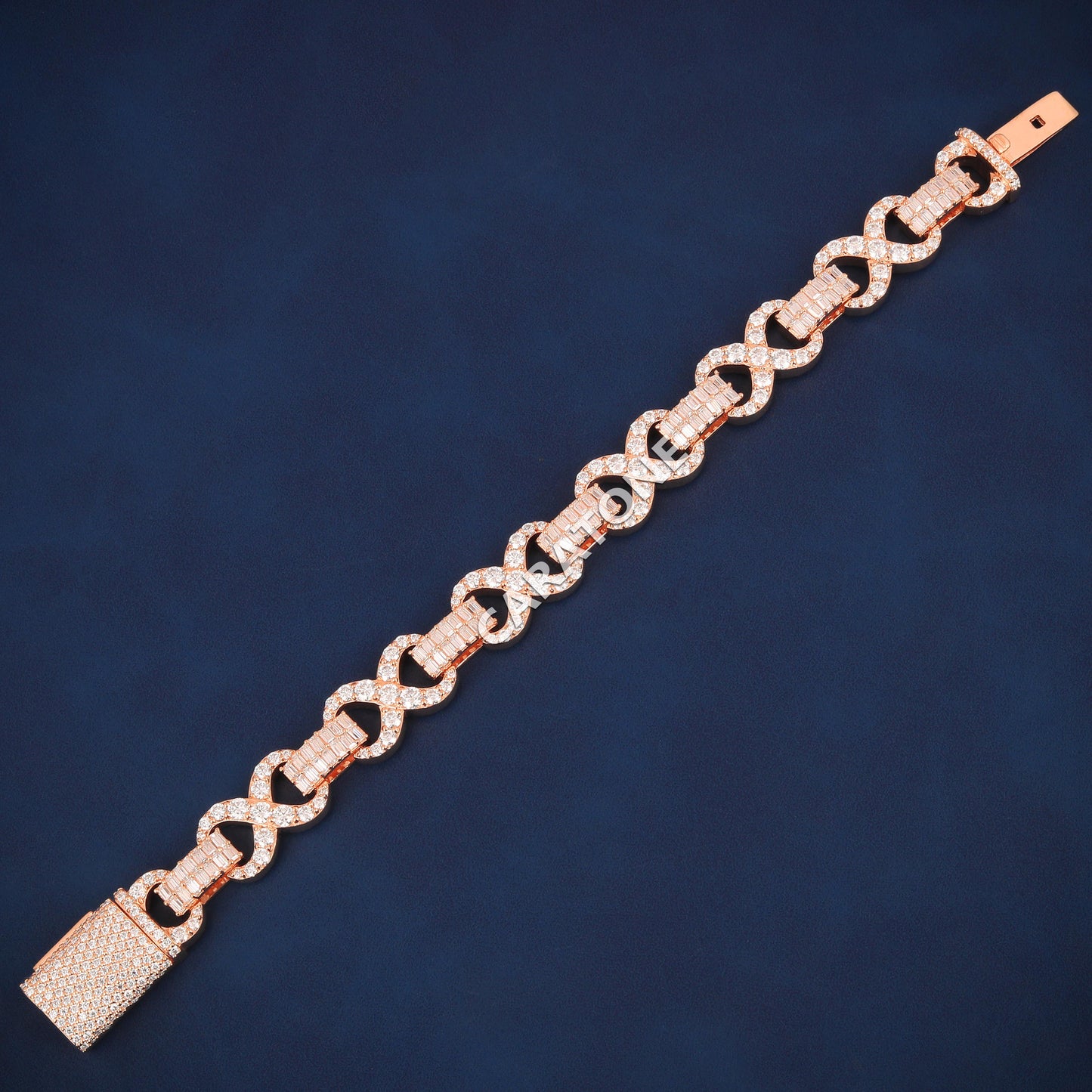 Rose Gold Infinity Bracelet Fully Iced Out with Baguette and Round Cut Diamonds for Hip Hop