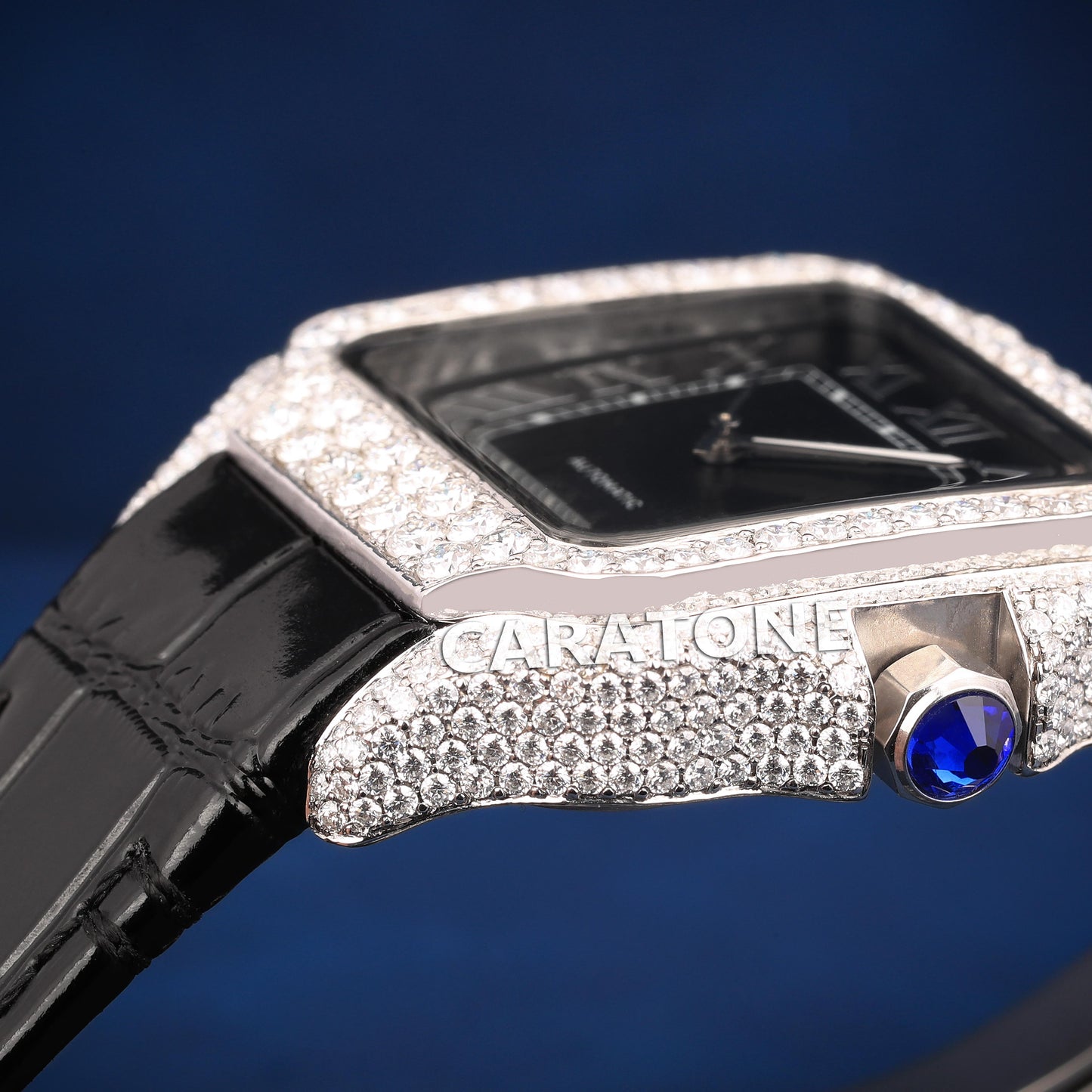 Half iced out without dial with Black leather band branded watch