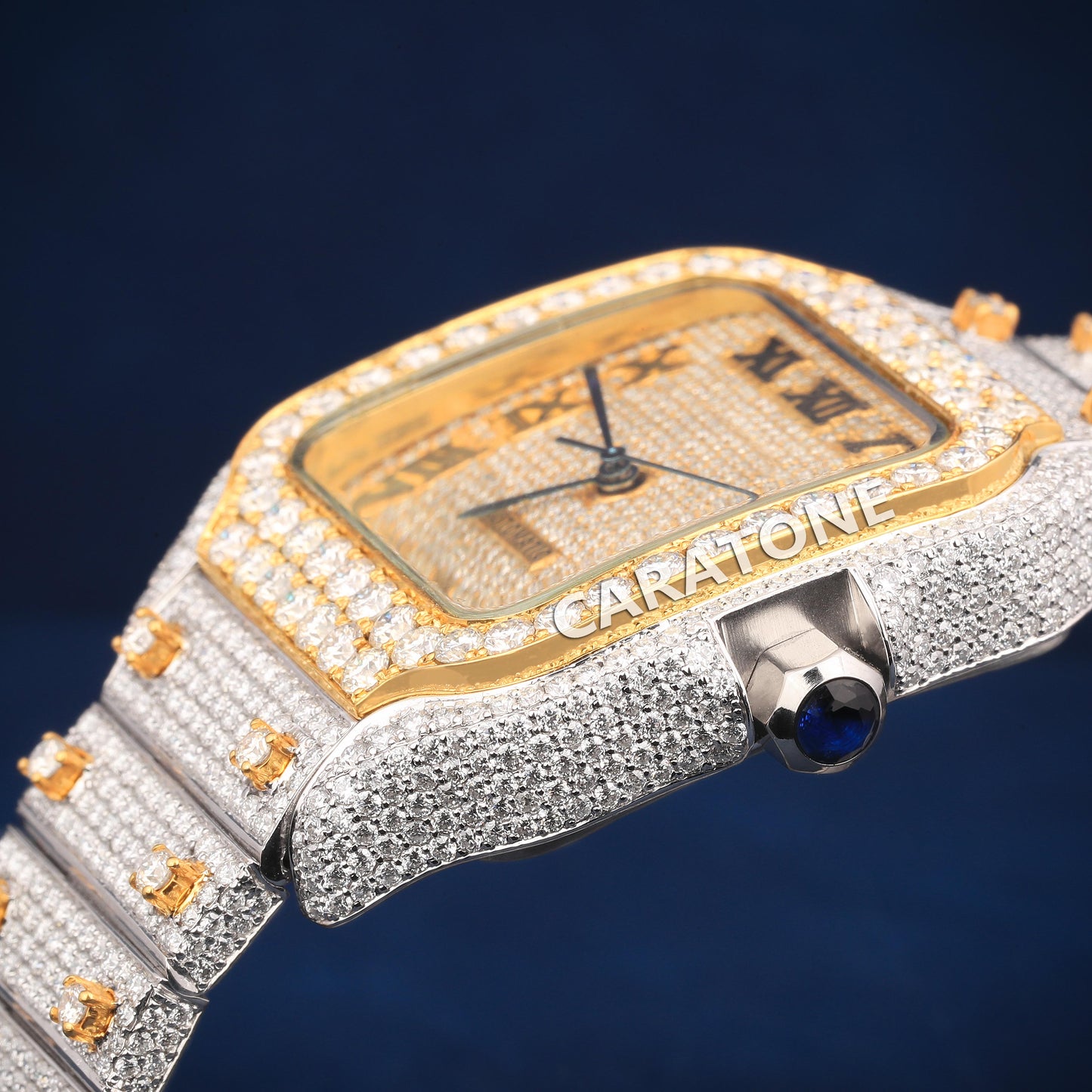 Hip hop two tone branded watch with Roman numerals and full iced out