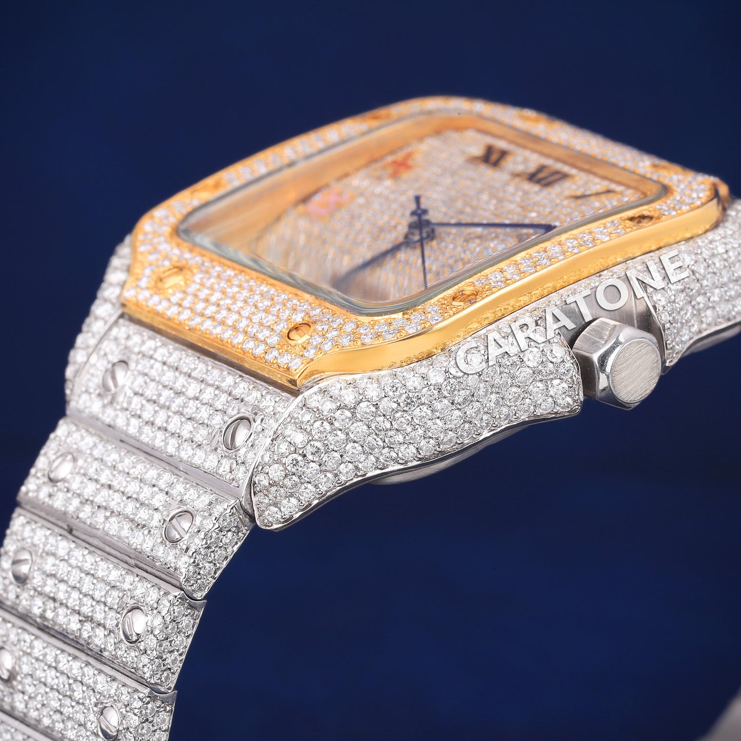 Two tone full iced out hip hop custom made watch with colourful roman numerals in it