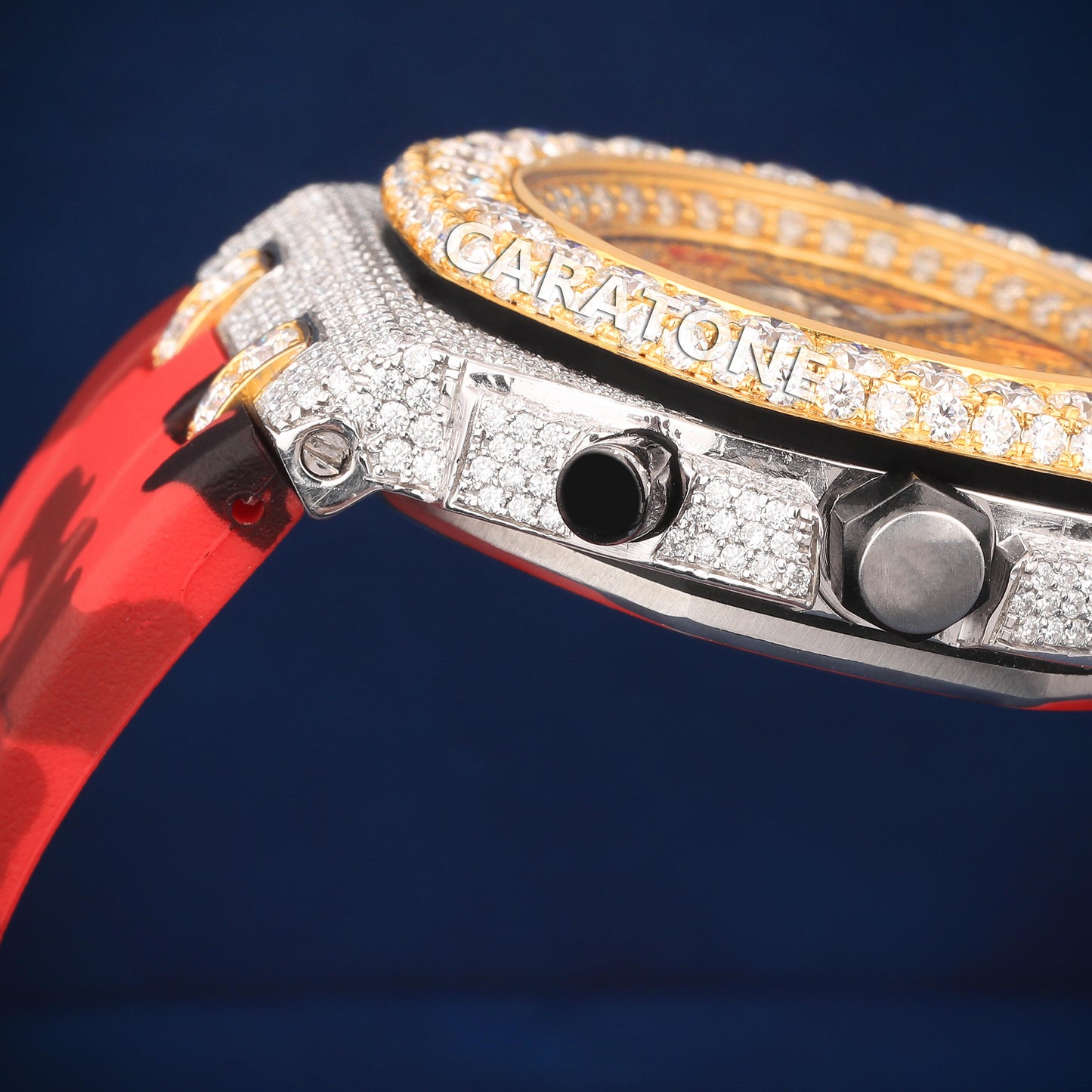 Half iced out Hip hop branded watch with Red Rubber Band with Two tone in bezel